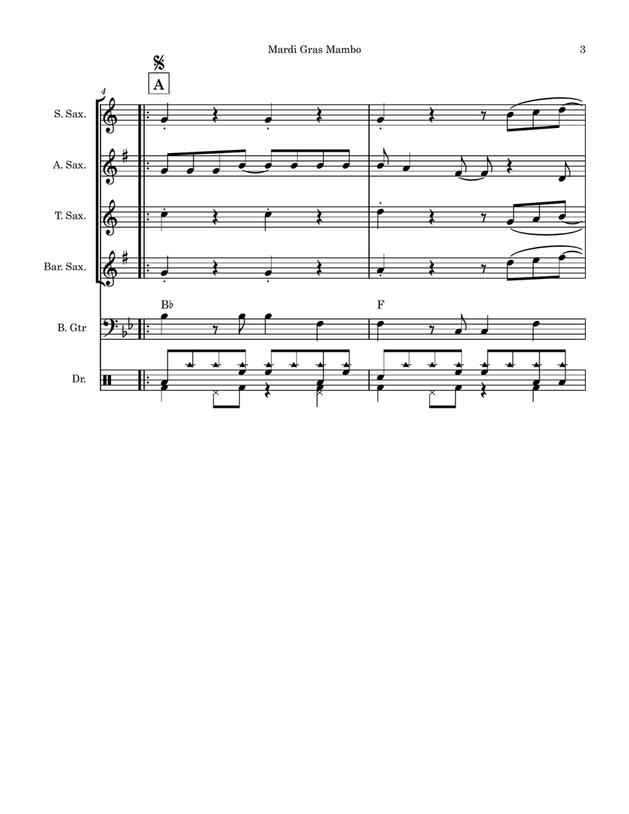 Mardi Gras Mambo Saxophone Quartet scores gallery preview page 3