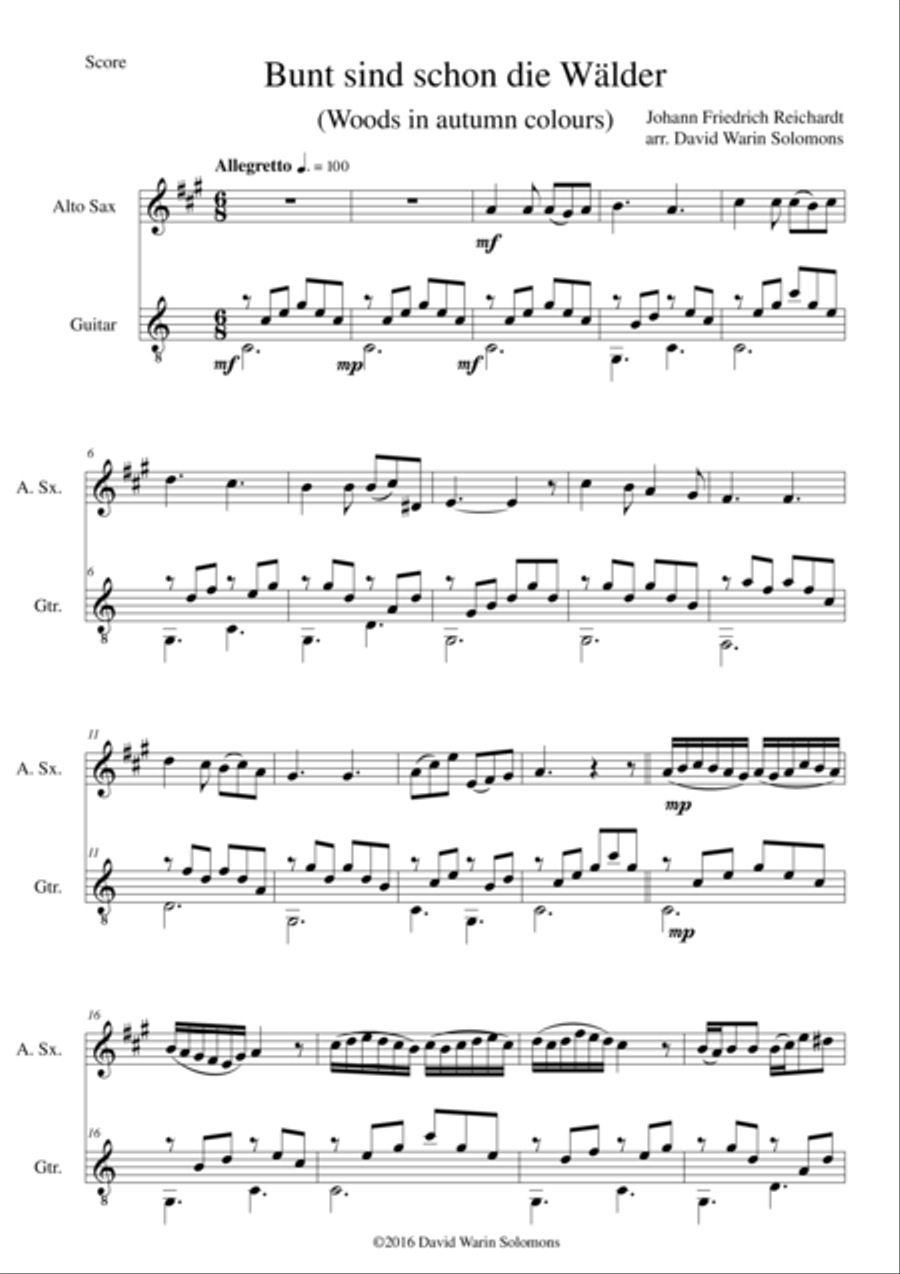 Bunt sind schon die Wälder (Woods in autumn colours) for alto saxophone and guitar Alto Saxophone scores gallery preview page 1