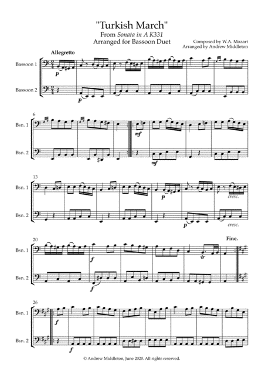 Turkish March arranged for Bassoon Duet Woodwind Duet scores gallery preview page 3