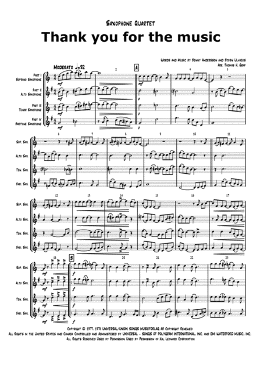 Thank You For The Music Saxophone Quartet scores gallery preview page 1