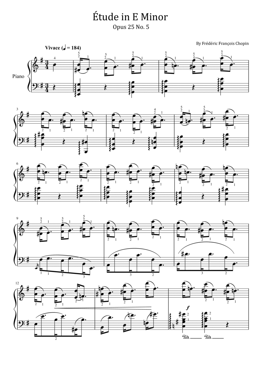 Chopin - Étude in E Minor - Op.25 No. 5 - ”Wrong note“ Original With Fingered Piano Solo scores gallery preview page 1