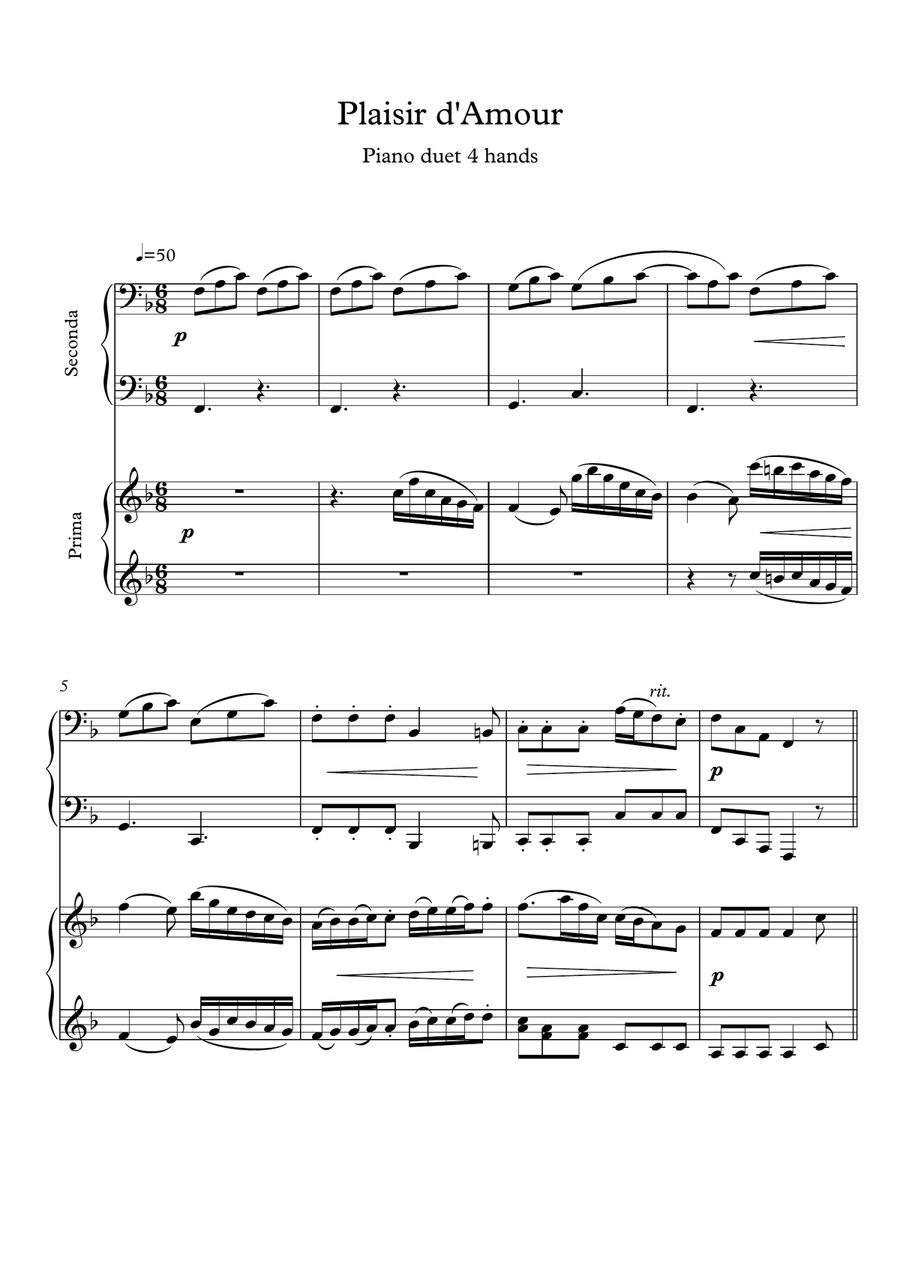 Plaisir d'amour love song easy piano duet 4 hands Plaisir d'amour love song easy piano duet 4 hands Easy Piano scores gallery preview page 2