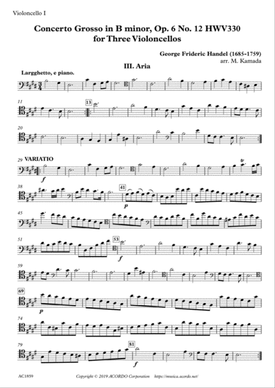 Aria from Concerto Grosso, Op.6-12 HWV330 for Three Violoncellos Cello Solo scores gallery preview page 3