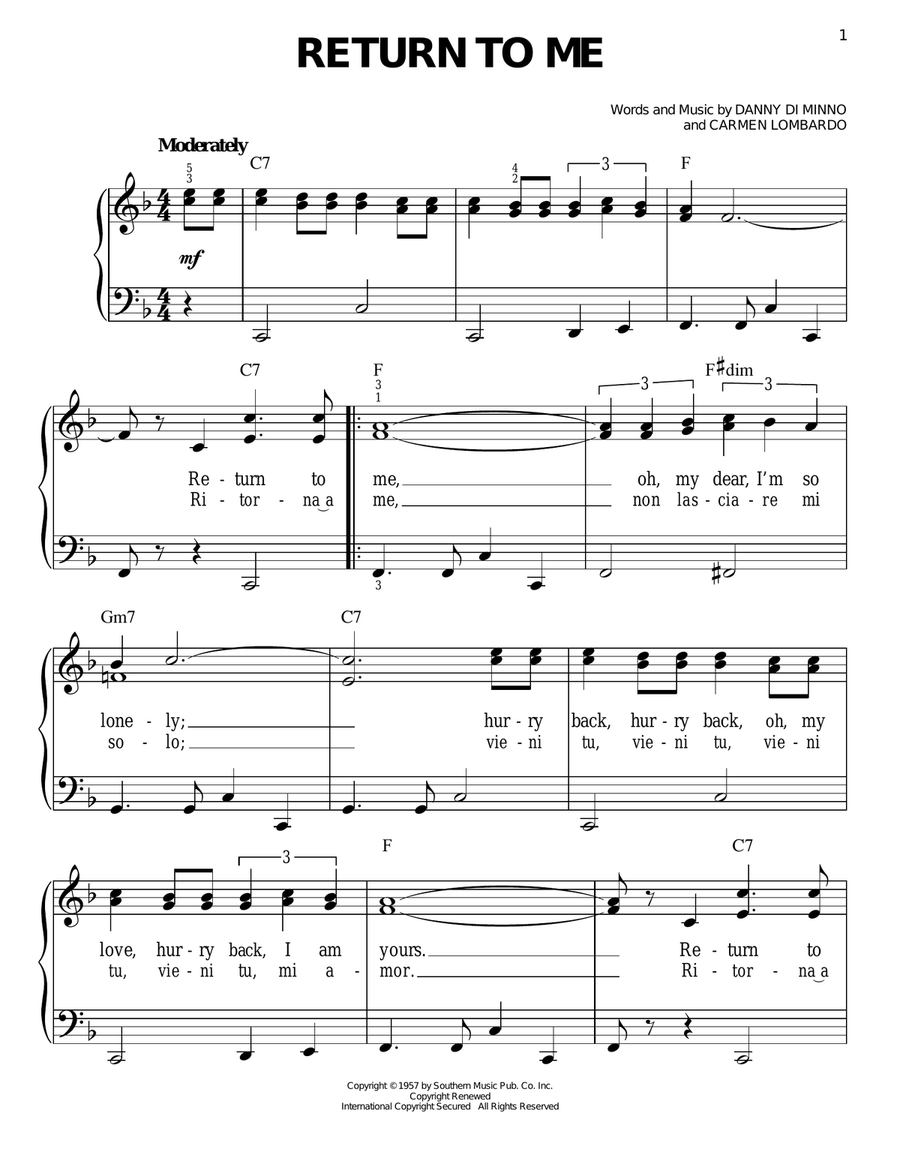Return To Me Easy Piano scores gallery preview page 1