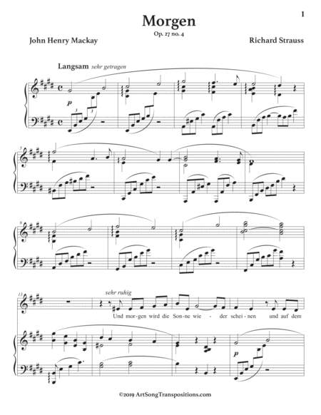 STRAUSS: Morgen, Op. 27 no. 4 (in 3 low keys: E, E-flat, D major)
