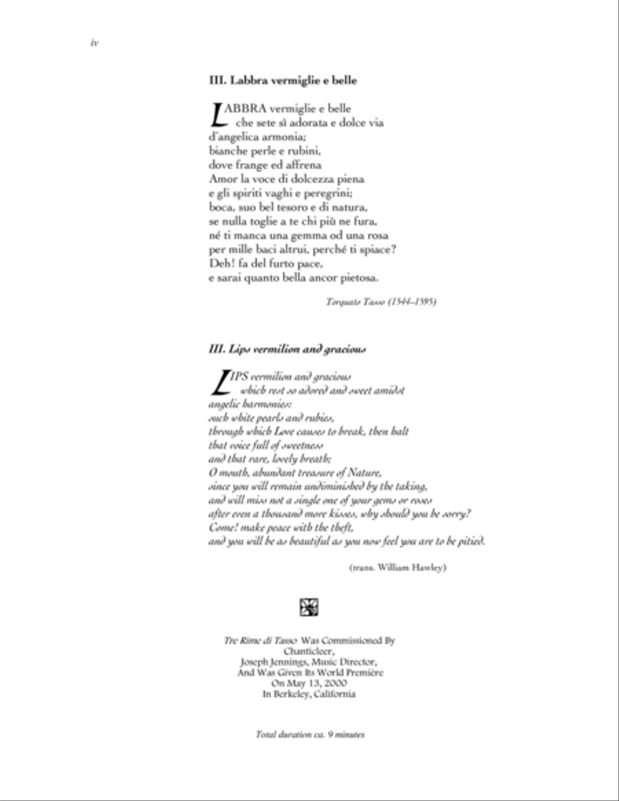 Tre Rime di Tasso (version for SSATTBarB) 4-Part scores gallery preview page 4