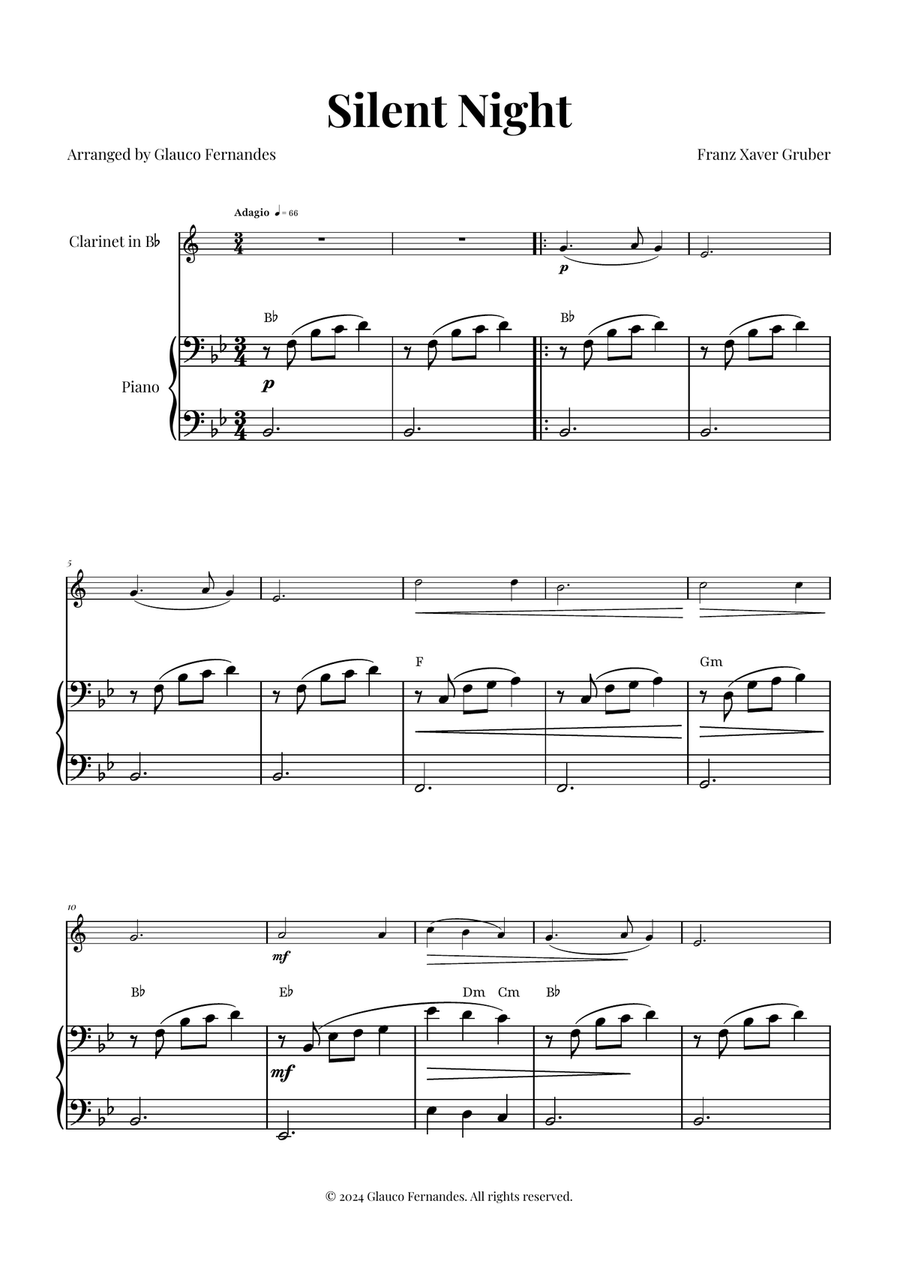 Silent Night | BEAUTIFUL Arrangement B-Flat Clarinet scores gallery preview page 1