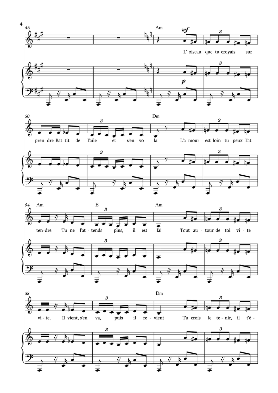 Habanera - Carmen for piano, chords and voice in A minor. Piano, Vocal scores gallery preview page 4