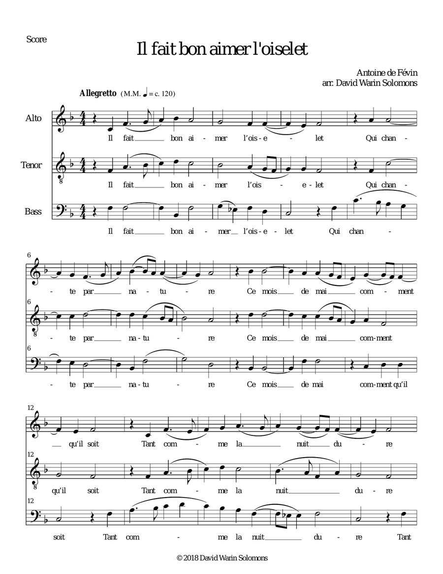 Il fait bon aimer l'oiselet for Alto Tenor Bass (in F) 3-Part scores gallery preview page 1