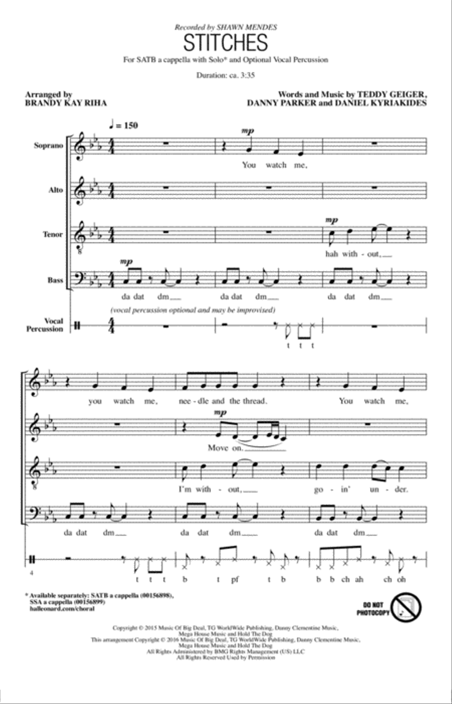 Stitches (arr. Brandy Kay Riha) 4-Part scores gallery preview page 1
