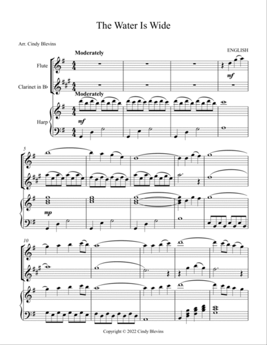 The Water Is Wide, Harp, Flute, and Clarinet Clarinet scores gallery preview page 2