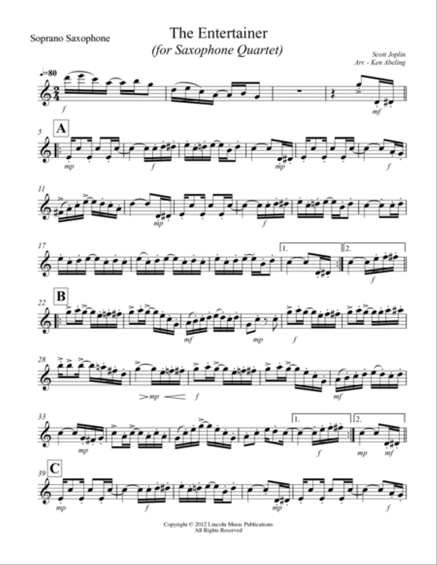 Joplin - “The Entertainer” (for Saxophone Quartet SATB) Saxophone Quartet scores gallery preview page 6