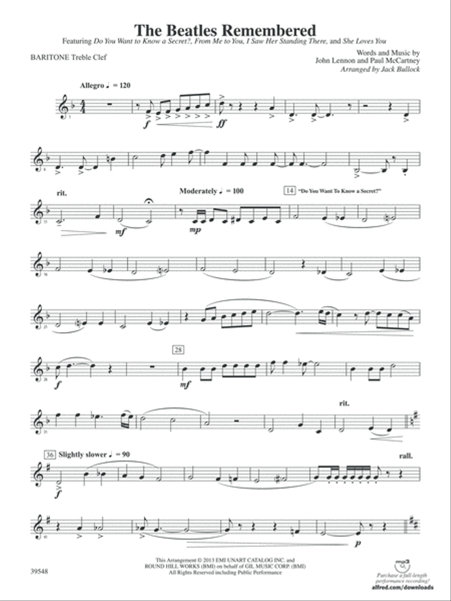 The Beatles Remembered: Baritone T.C. Concert Band scores gallery preview page 1