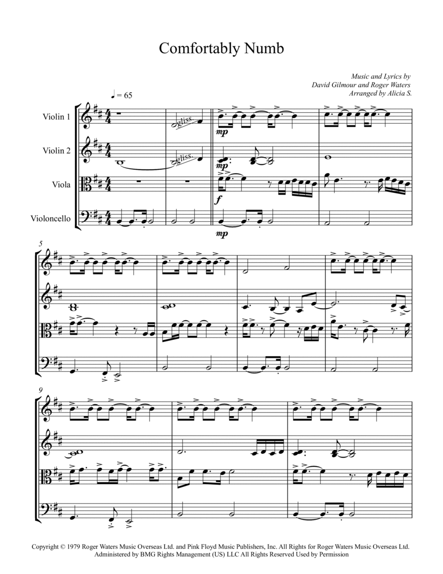 Comfortably Numb String Quartet scores gallery preview page 1