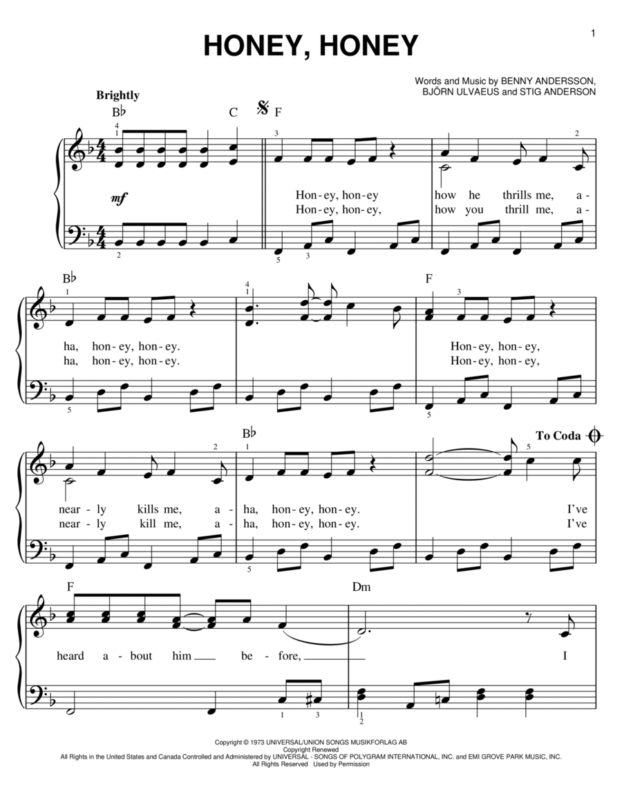 Honey, Honey Honey, Honey Easy Piano scores gallery preview page 1