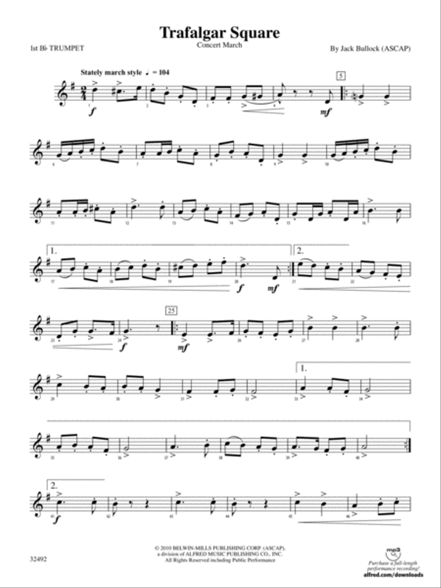 Trafalgar Square: 1st B-flat Trumpet Concert Band scores gallery preview page 1