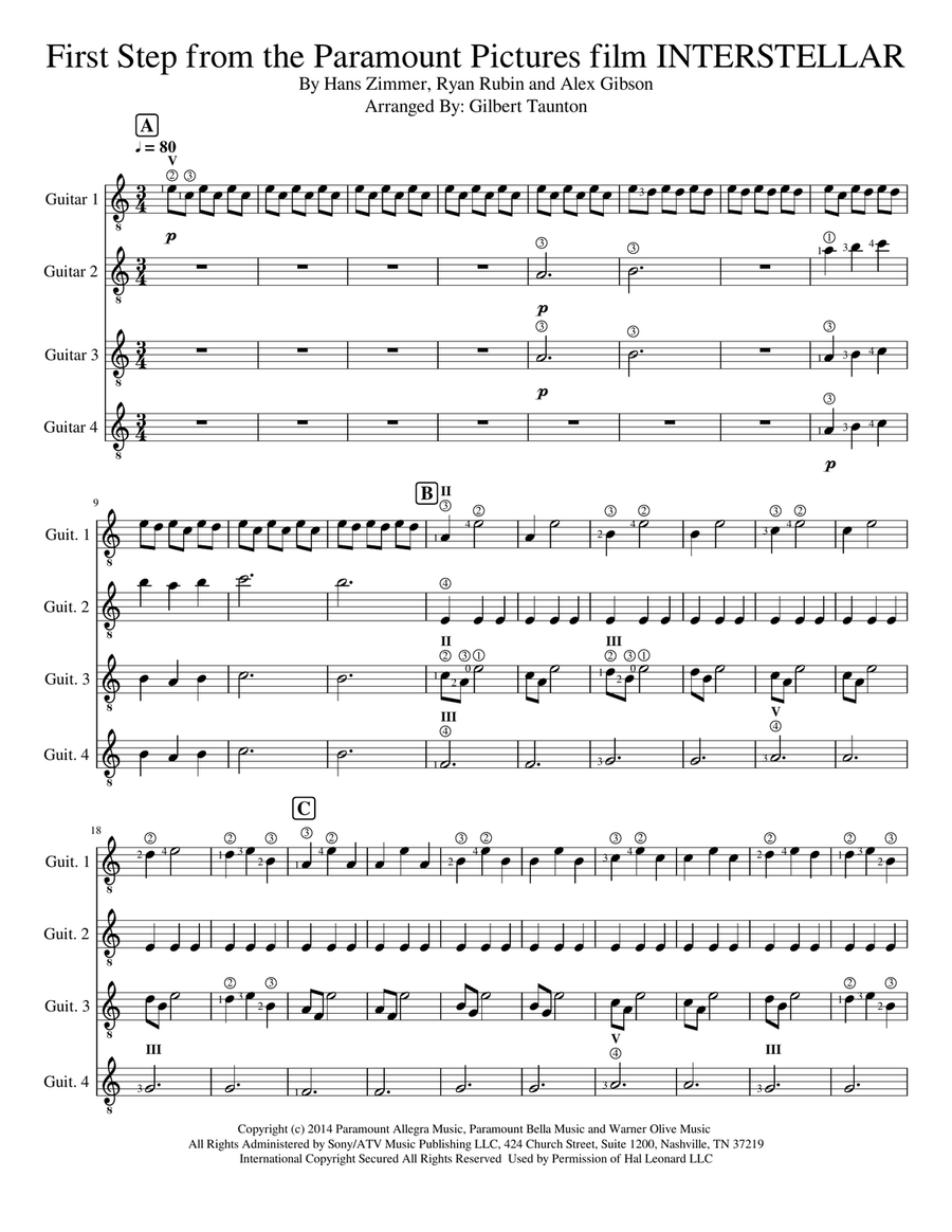 First Step from the Paramount Pictures film INTERSTELLAR Guitar Ensemble scores gallery preview page 1