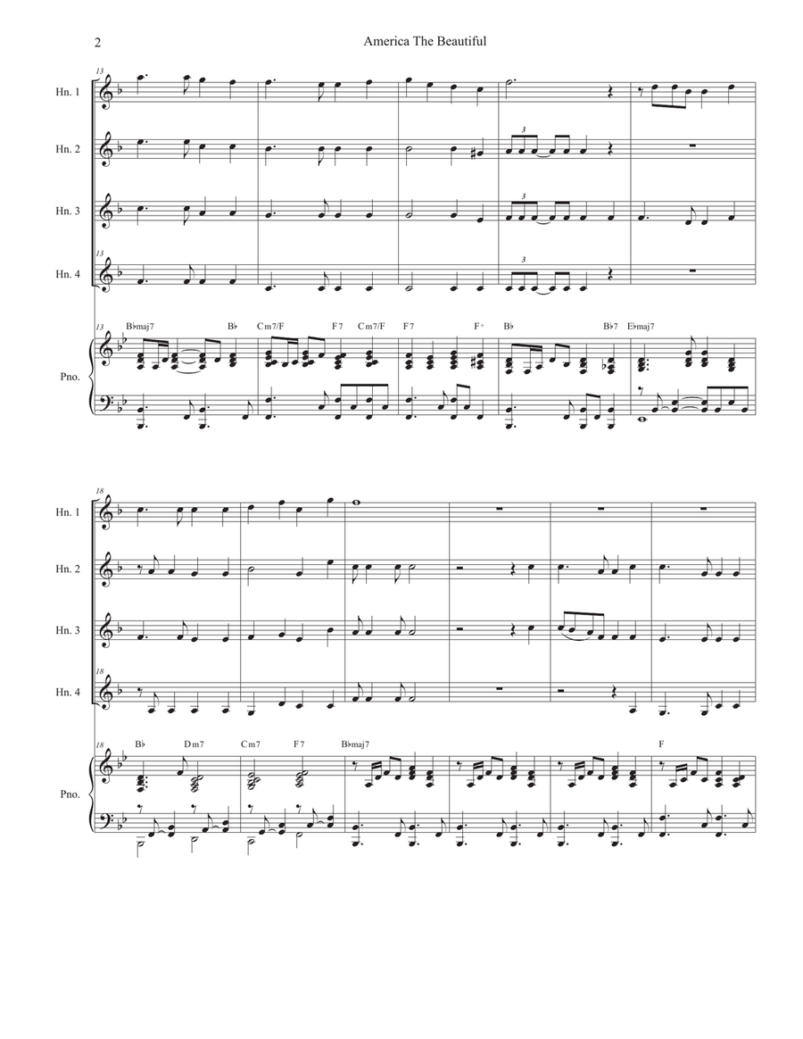 America The Beautiful (French Horn Quartet and Piano) French Horn Quartet scores gallery preview page 2