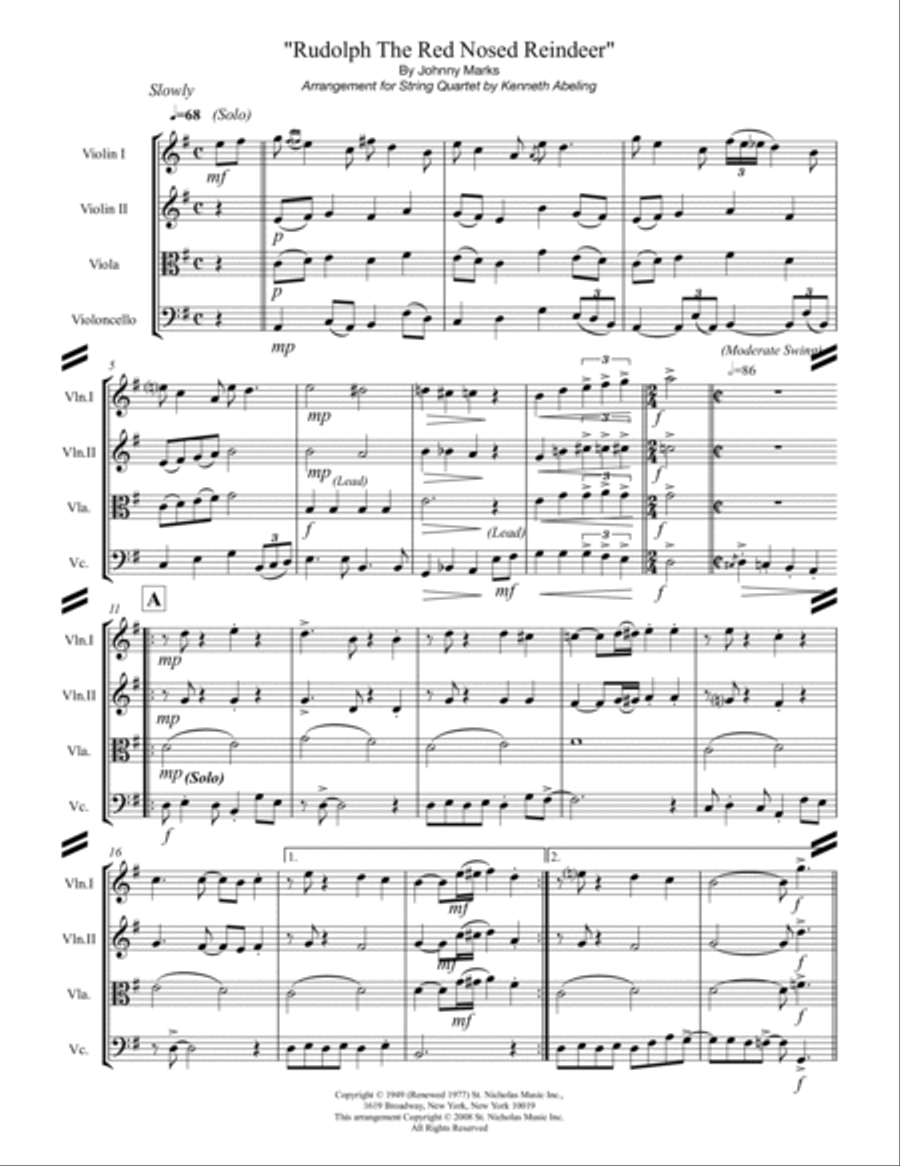 Rudolph The Red-nosed Reindeer String Quartet scores gallery preview page 2