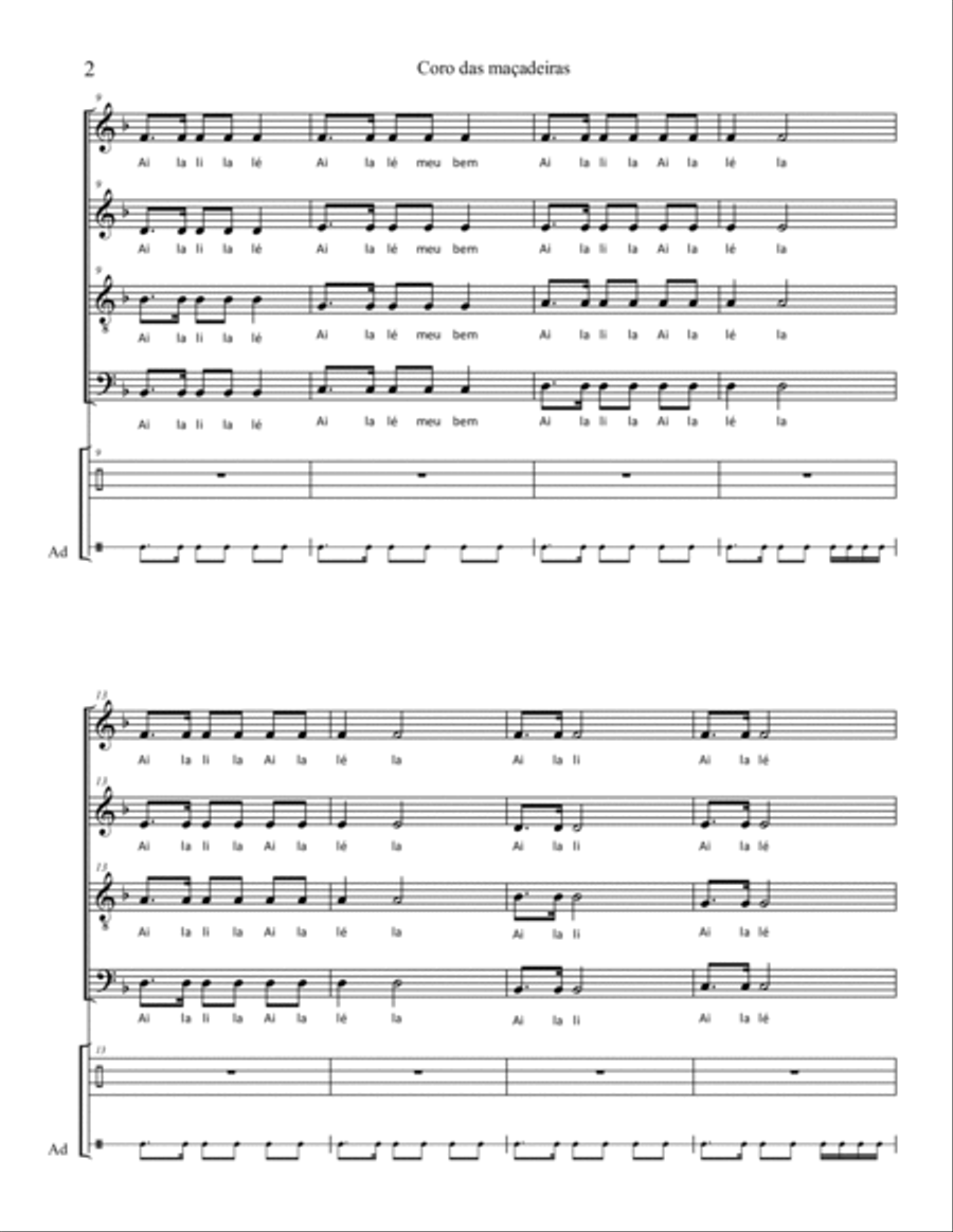 Coro das Maçadeiras (SATB and percussion) - with optional String Orchestra or Brass Quartet 4-Part scores gallery preview page 2