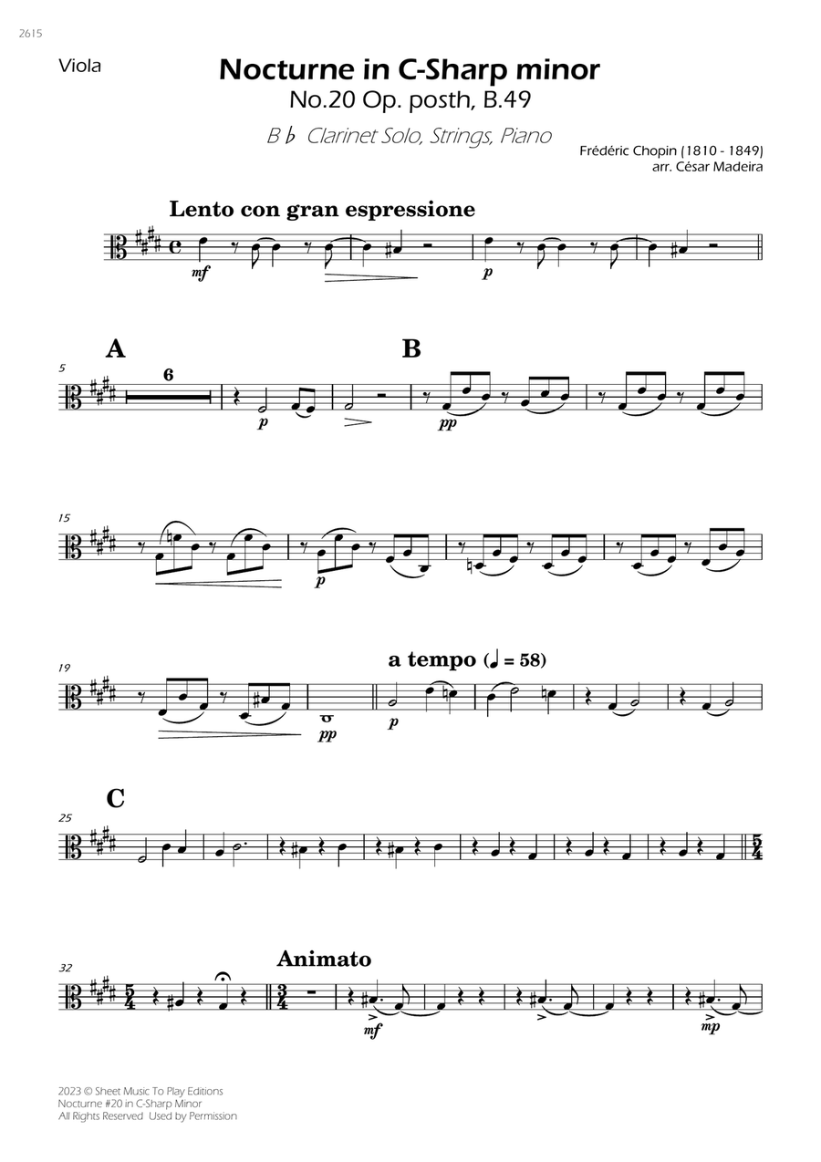 Nocturne No.20 in C Sharp minor - Clarinet Solo, Strings and Piano (Individual Parts) Large Ensemble scores gallery preview page 5