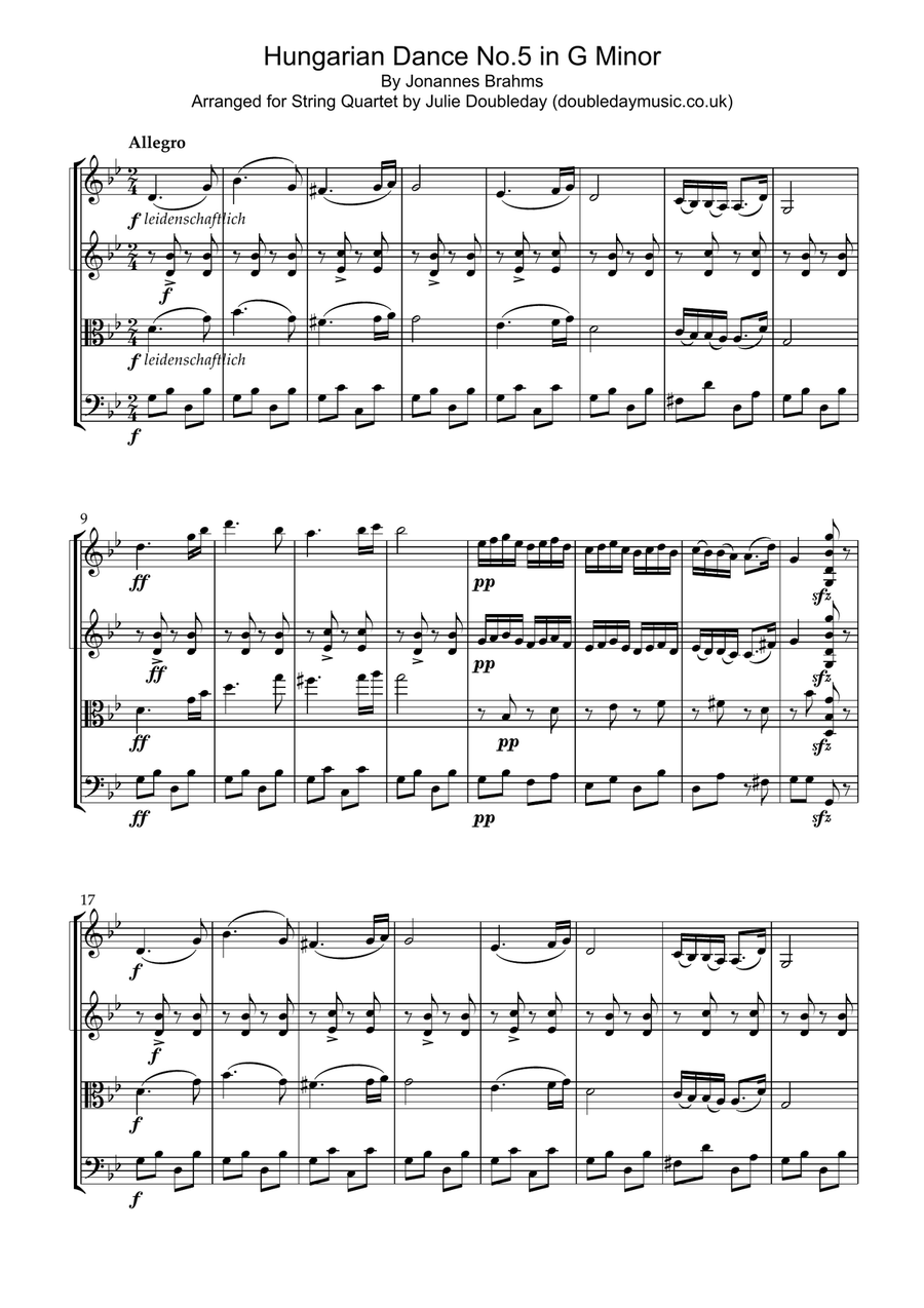 Brahms: Hungarian Dance No.5 in G Minor for String Quartet - Score and Parts String Quartet scores gallery preview page 1