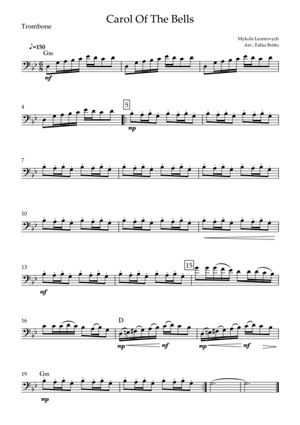Carol Of The Bells (Mykola Leontovych) for Trombone Solo with Chords