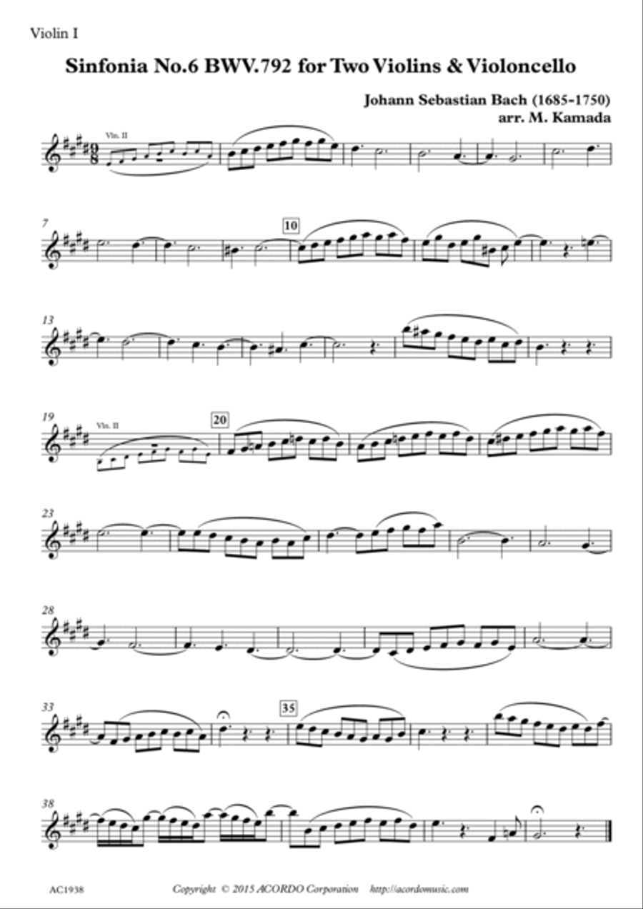 Sinfonia No.6 BWV.792 for Two Violins & Violoncello String Duet scores gallery preview page 3