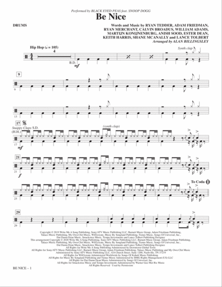 Be Nice (feat. Snoop Dogg) (arr. Alan Billingsley) - Drums Choir scores gallery preview page 1