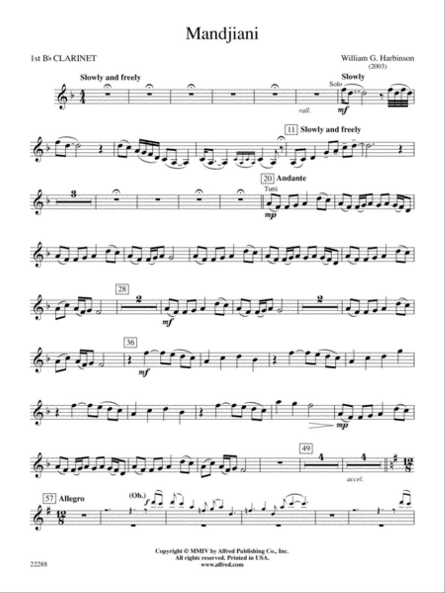 Mandjiani: 1st B-flat Clarinet Concert Band scores gallery preview page 1