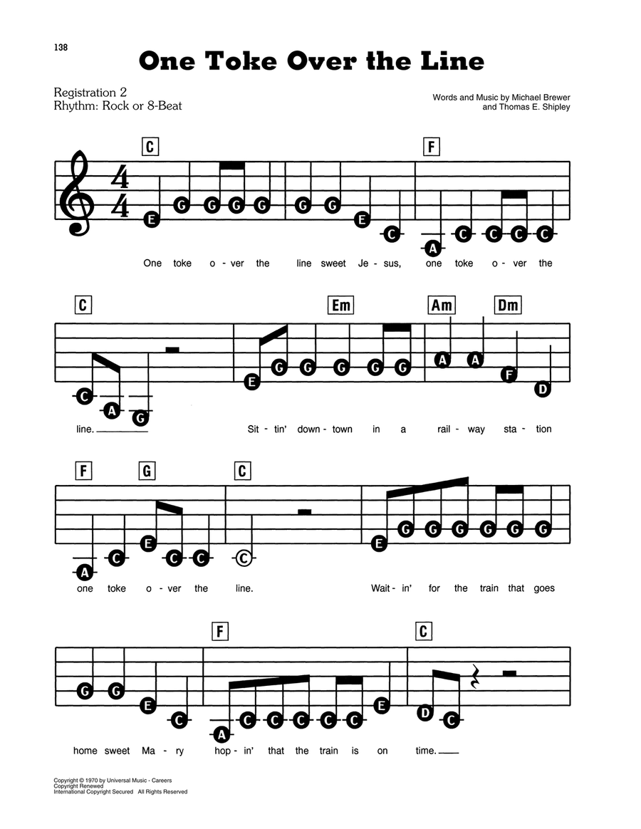 One Toke Over The Line Electronic Keyboard scores gallery preview page 1