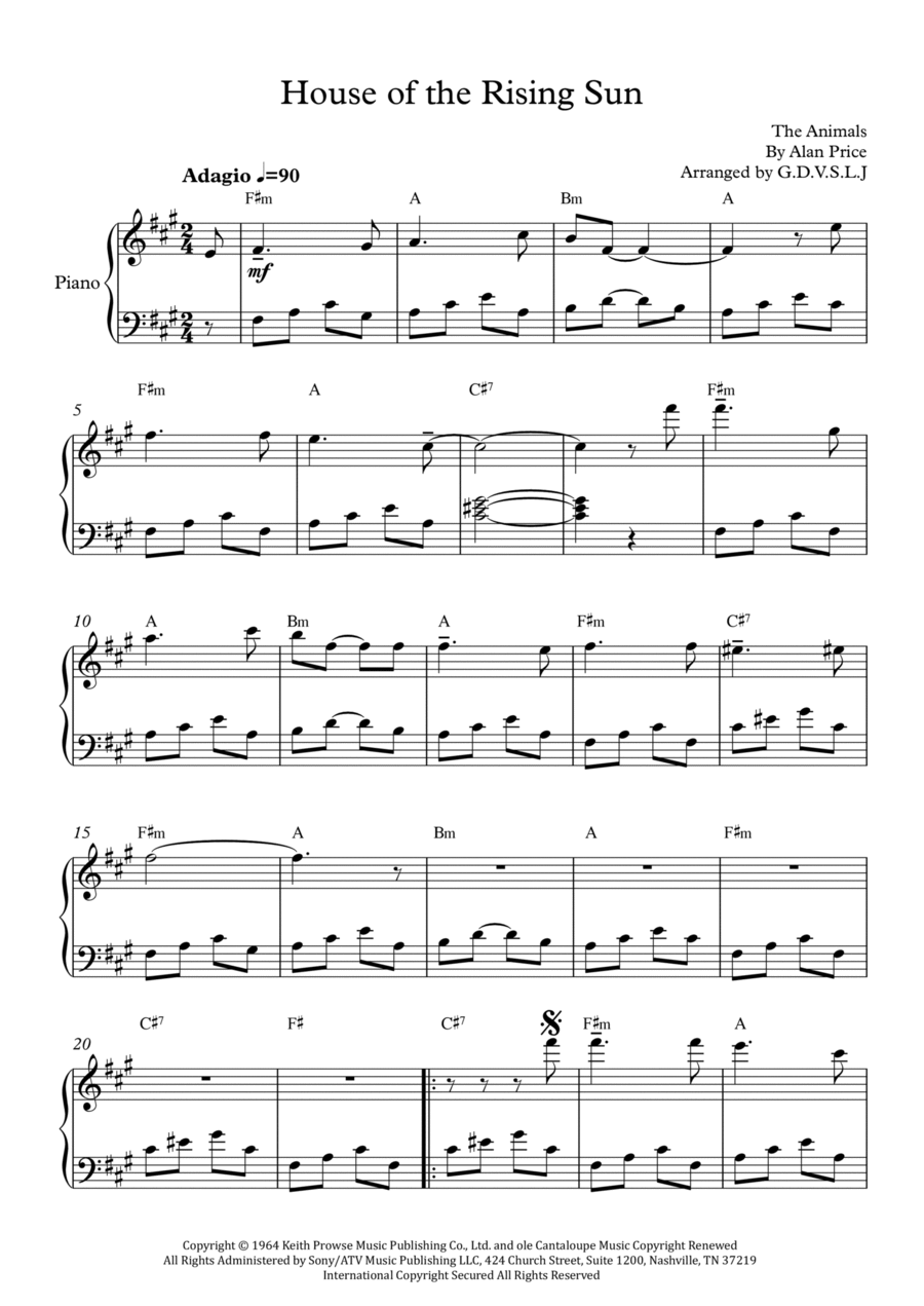 The House Of The Rising Sun Easy Piano scores gallery preview page 1