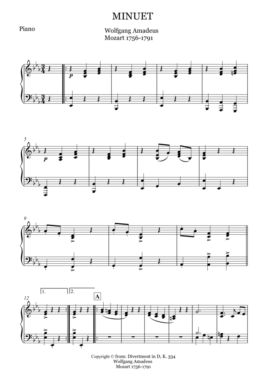 MINUET from Divertment in D, K 334 - FOR PIANO - SOLO FOR ALTO SAX image number null