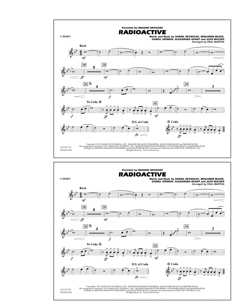 Radioactive - F Horn Radioactive - F Horn Marching Band scores gallery preview page 1