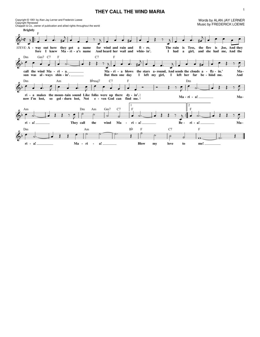 They Call The Wind Maria (from Paint Your Wagon) Voice scores gallery preview page 1