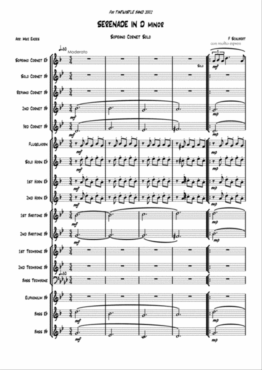 Schubert's Serenade in Dm. For Soprano Eb cornet and brass band. Brass Band scores gallery preview page 1