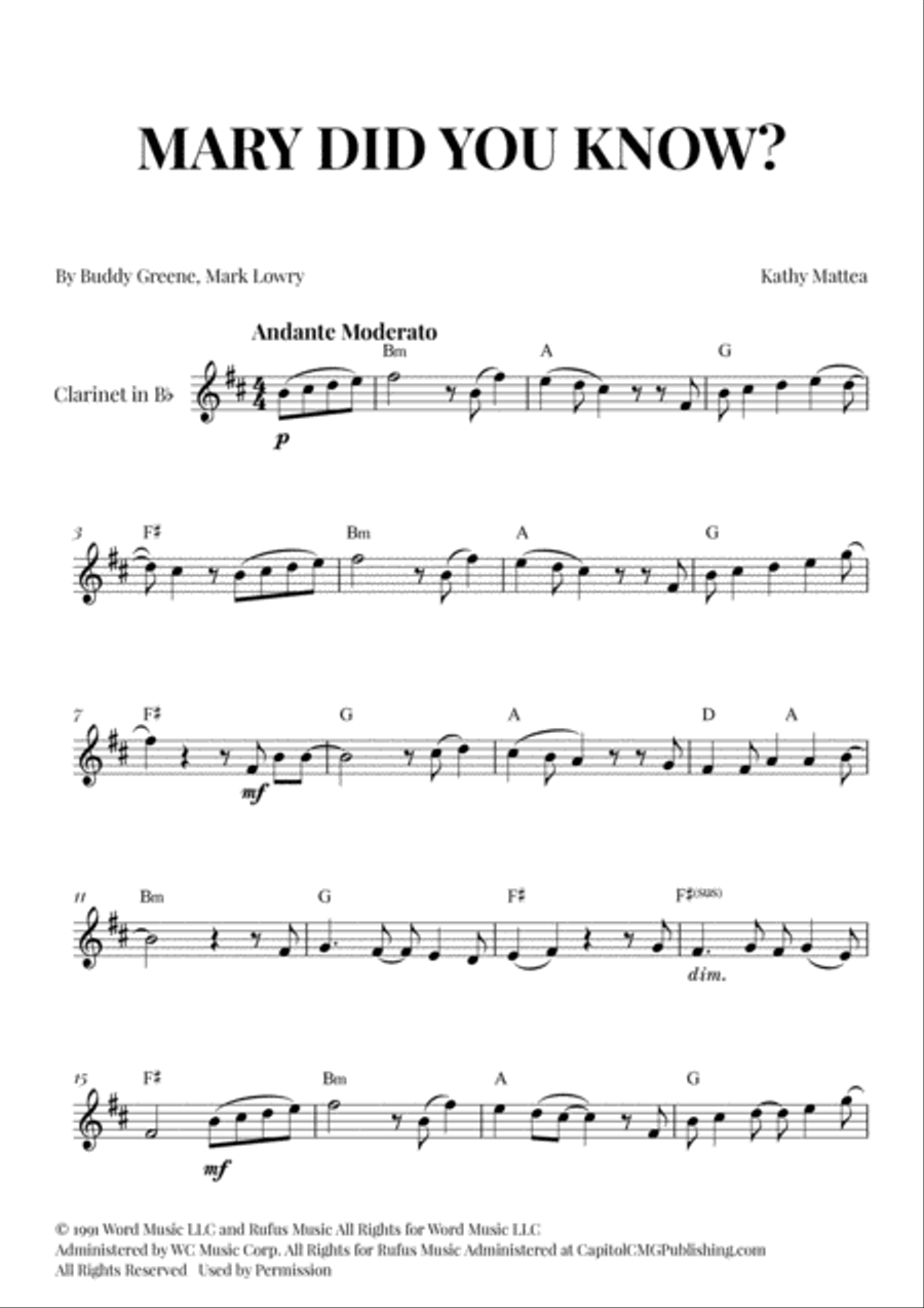 Mary, Did You Know? Mary, Did You Know? B-Flat Clarinet scores gallery preview page 1