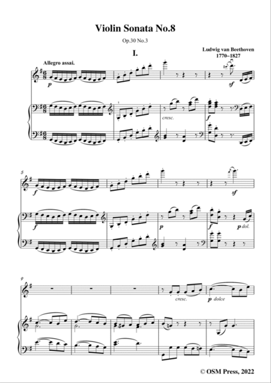 Beethoven-Violin Sonata No.8 in G Major,Op.30 No.3,for Violin and Piano Violin Solo scores gallery preview page 3