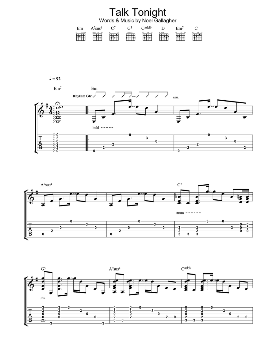 Talk Tonight Guitar Tablature scores gallery preview page 1