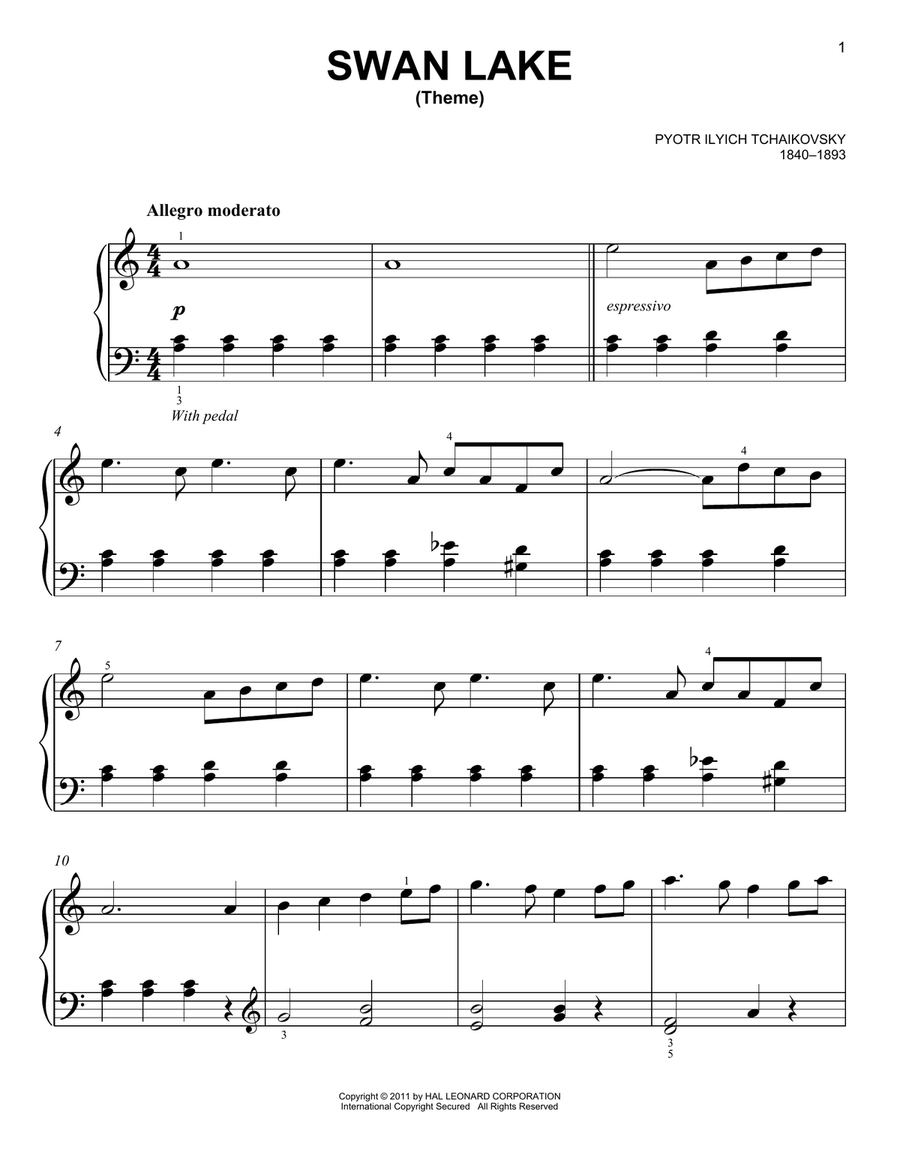 Swan Lake, Op. 20 (Theme) Easy Piano scores gallery preview page 1