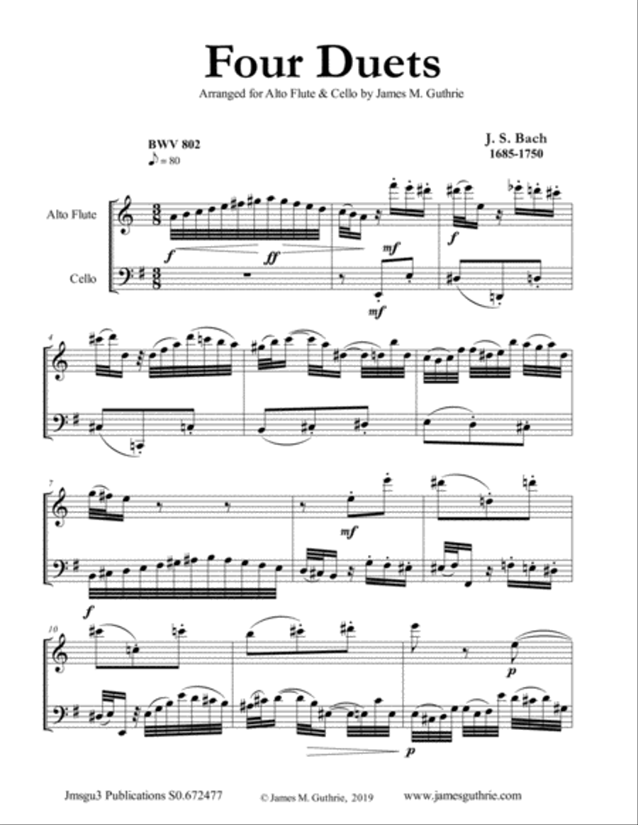 Bach: Four Duets for Alto Flute & Cello Flute scores gallery preview page 1