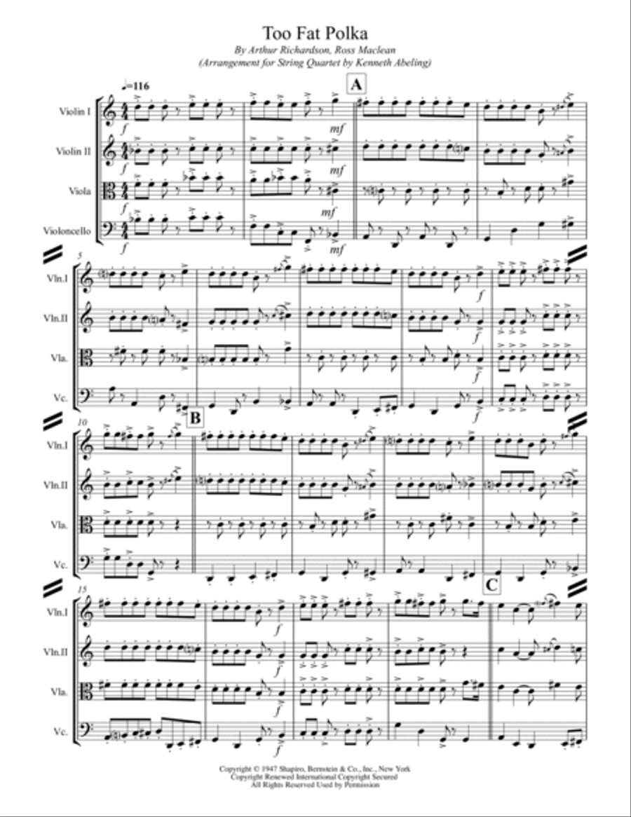 Too Fat Polka (she's Too Fat For Me) String Quartet scores gallery preview page 2