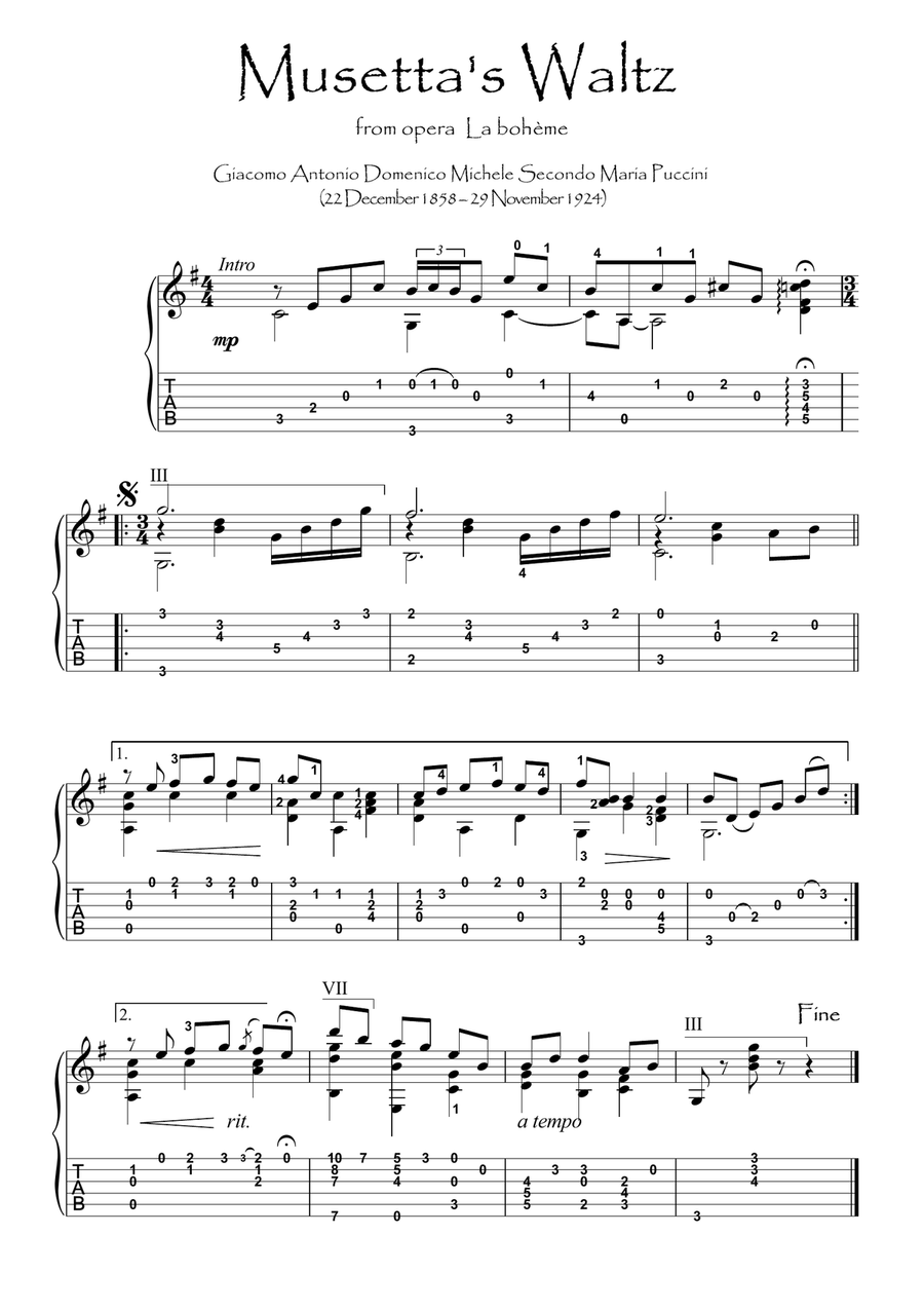 Musetta Waltz guitar solo Acoustic Guitar scores gallery preview page 1