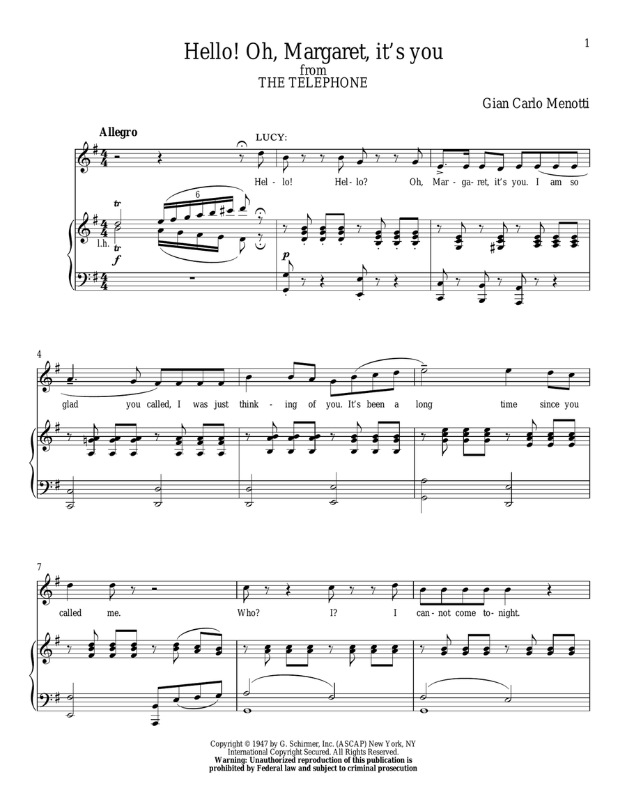 Hello! Oh, Margaret, It's You Piano, Vocal scores gallery preview page 1