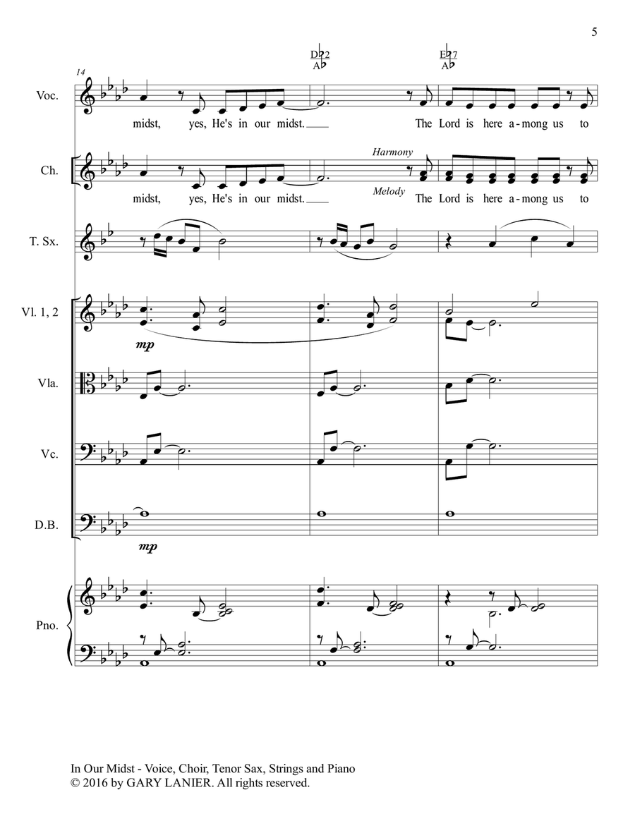 Gary Lanier: IN OUR MIDST (Worship - For Voice, Choir, Tenor Sax, String Orchestra and Piano with Pa Choir scores gallery preview page 6