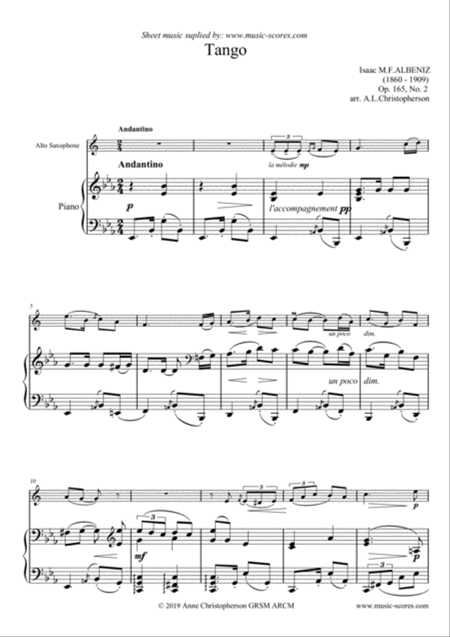 Tango - Alto Sax and Piano by Isaac Albeniz - Alto Saxophone