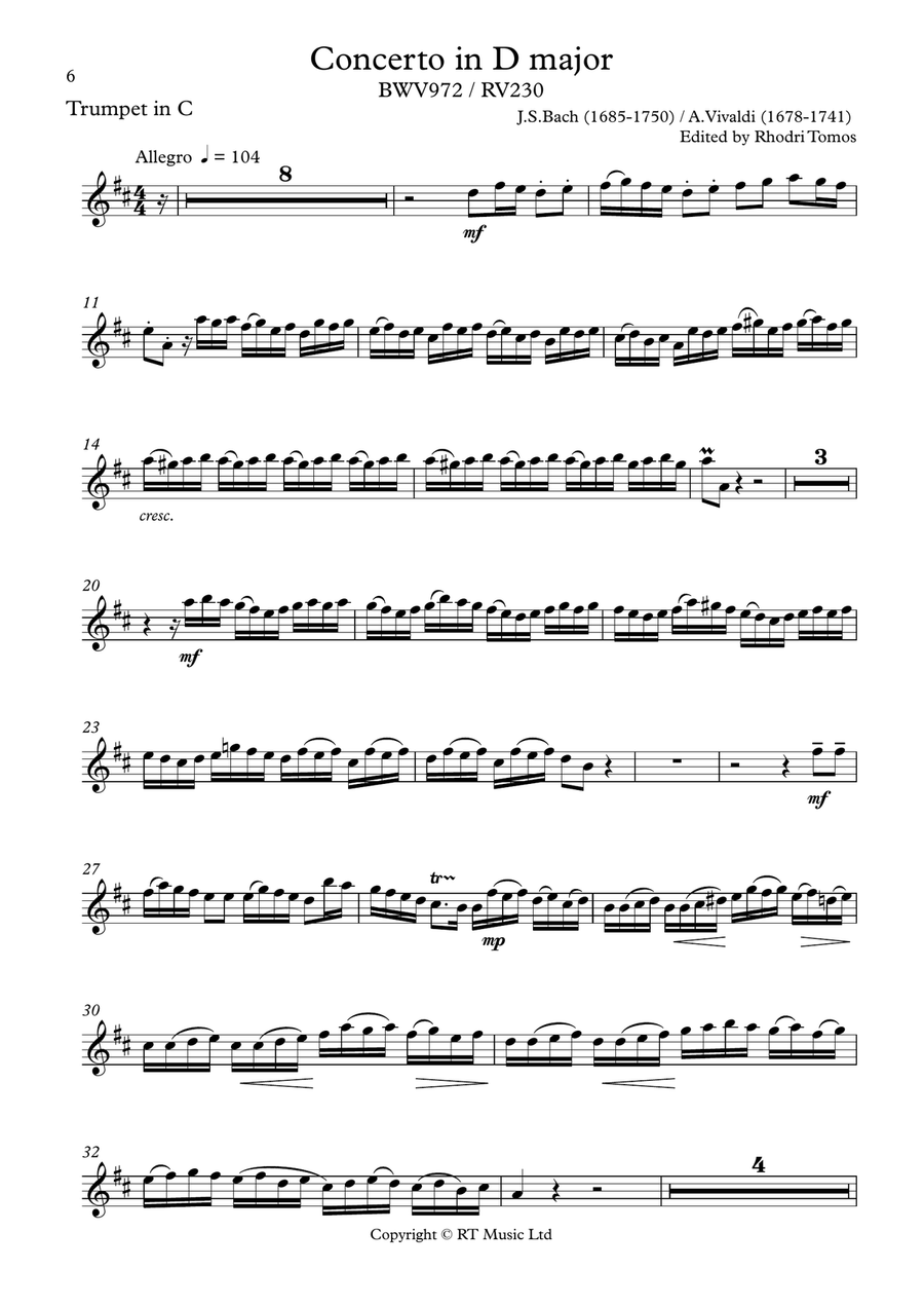 Bach BWV972 / Vivaldi RV230 Concerto in D Major C Trumpet scores gallery preview page 6