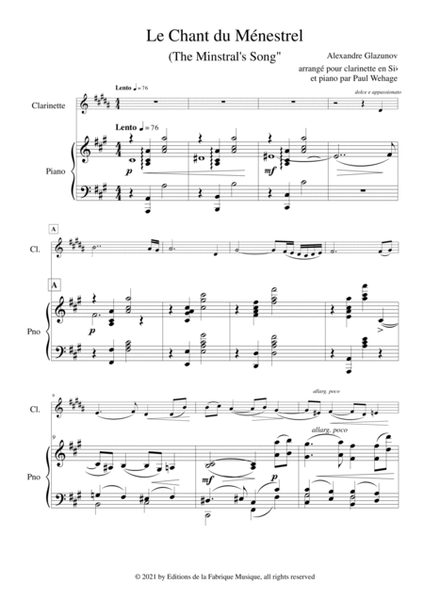 Alexandre Glazunov: Le Chant du Ménestrel (The Minstral's Song), op. 71, arranged for Bb clarinet an