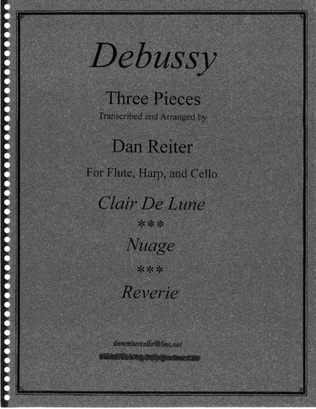 Book cover for Debussy Three Pieces for flute, harp and cello trio. concerts, wedding, relaxation music, sacred.
