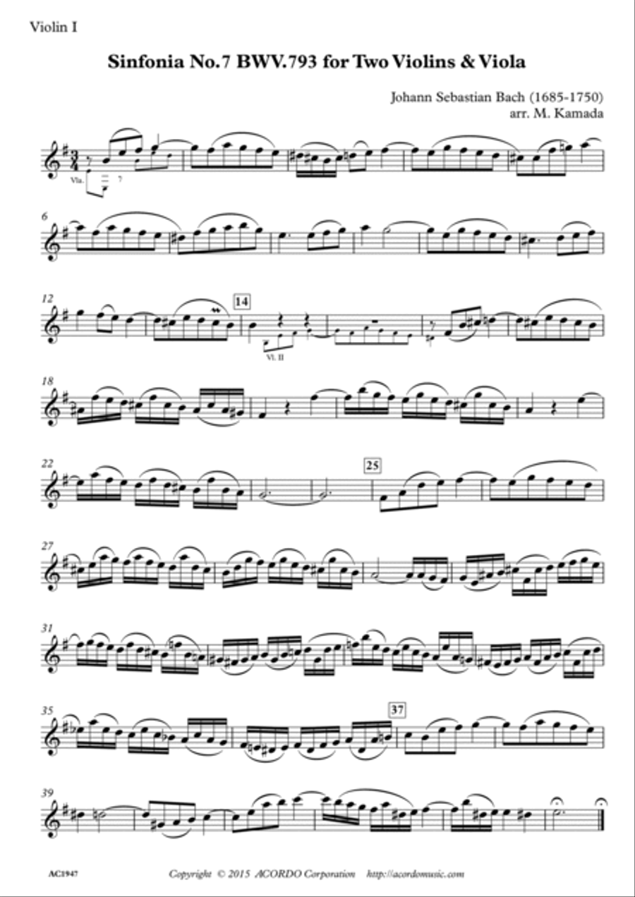 Sinfonia No.7 BWV.793 for Two Violins & Viola String Trio scores gallery preview page 3